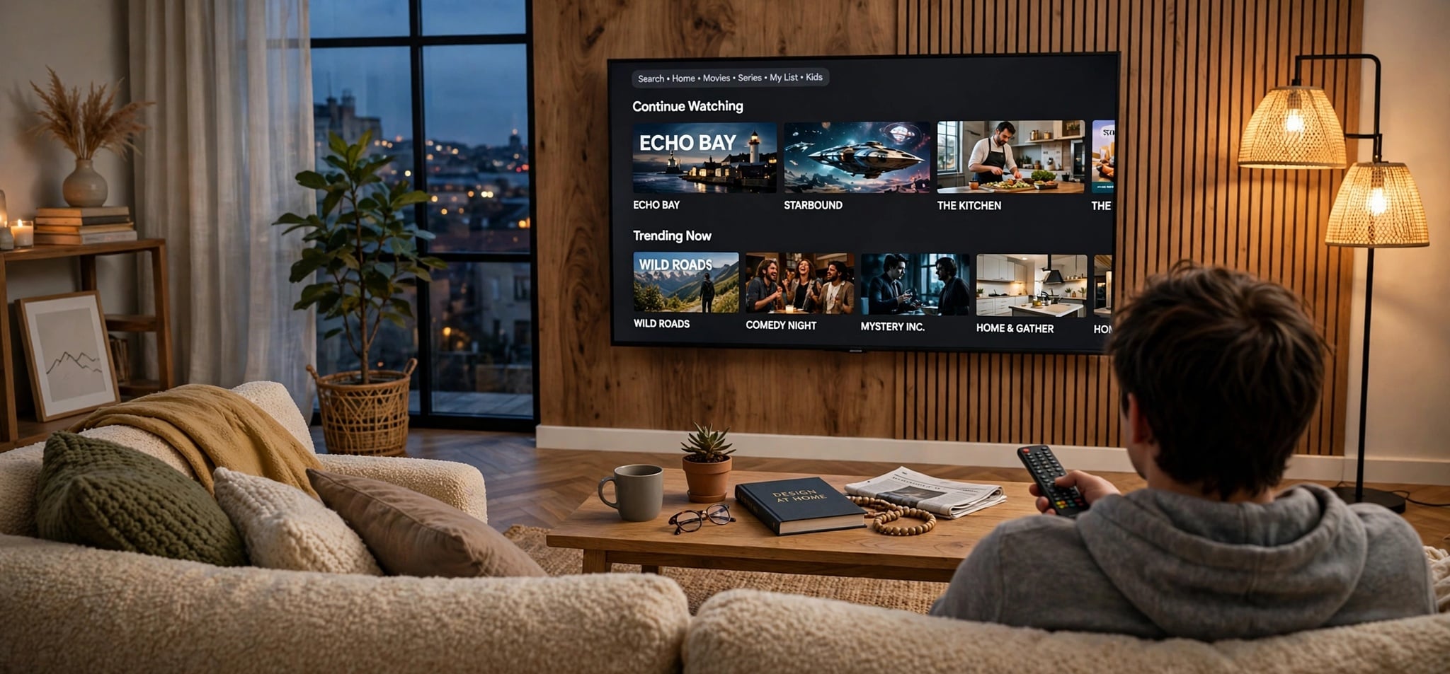 Living room with a smart TV showing a streaming app interface