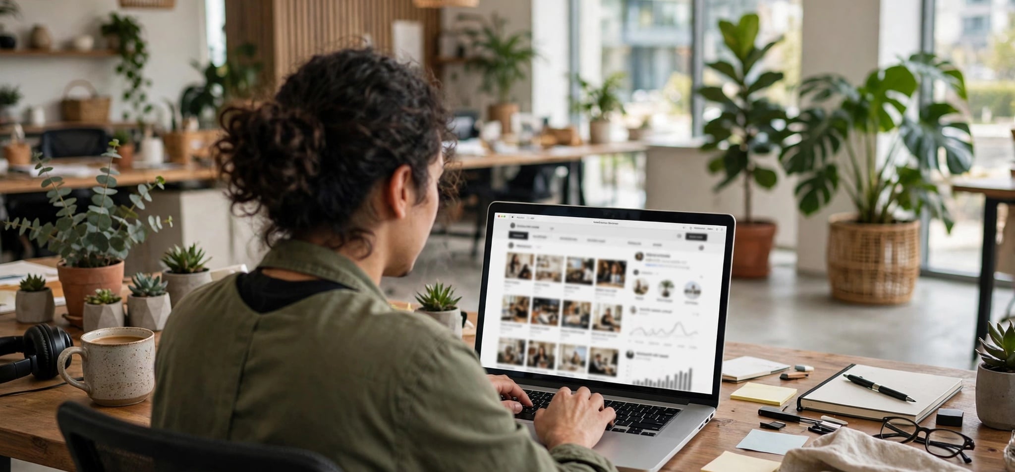 Person working on laptop showing social media business page in office