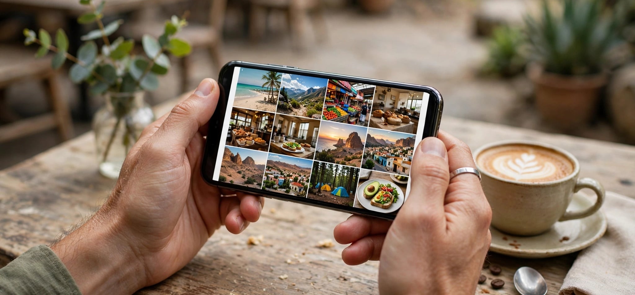 Hands holding smartphone showing photo social feed in cafe