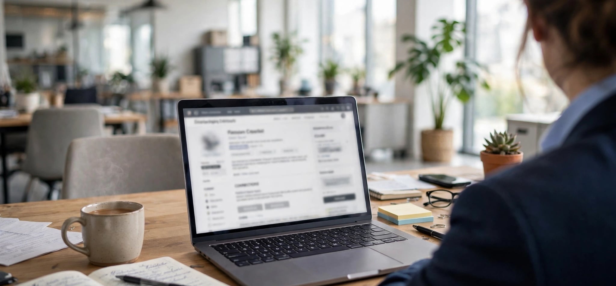 Professional working on laptop showing networking profile in office