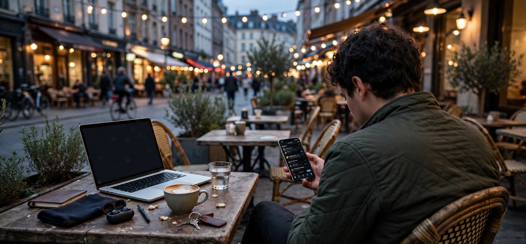 Person scrolling dark social media feed on smartphone in cafe