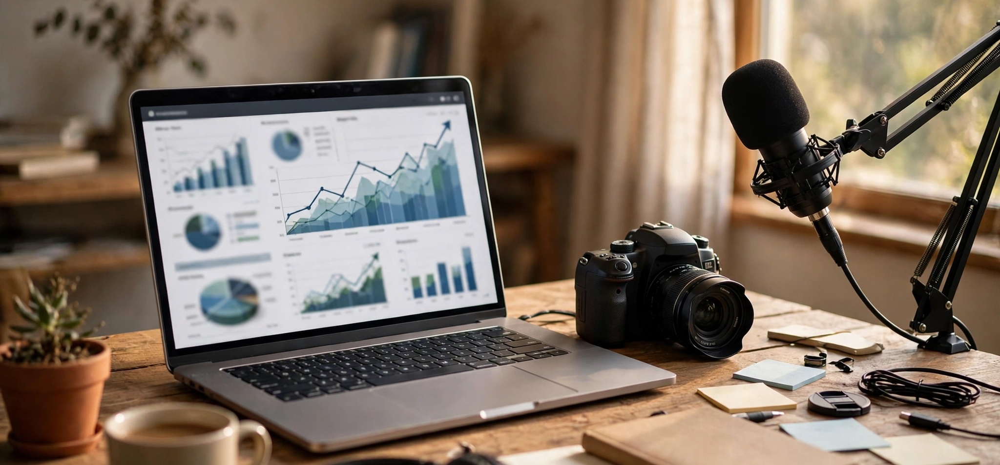 Video creator desk with laptop showing analytics dashboard and rising charts