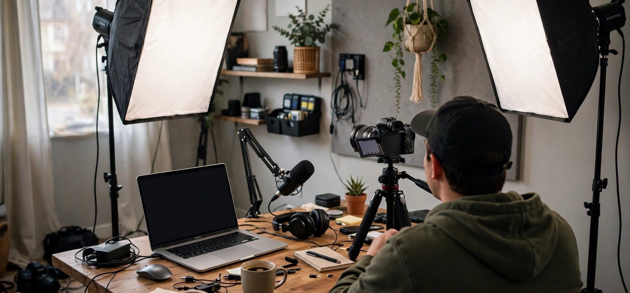 Small YouTuber filming video in home studio with camera and lights