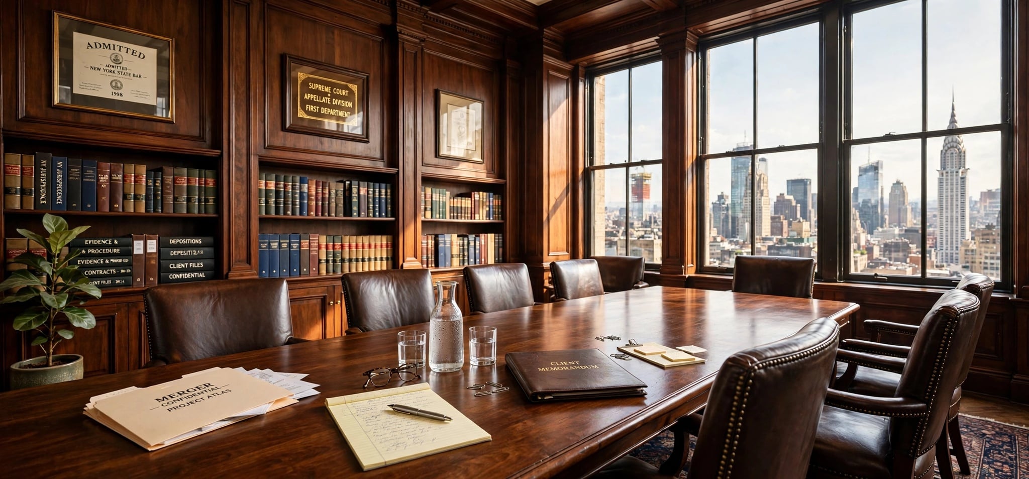 New York law office conference room with Manhattan skyline view