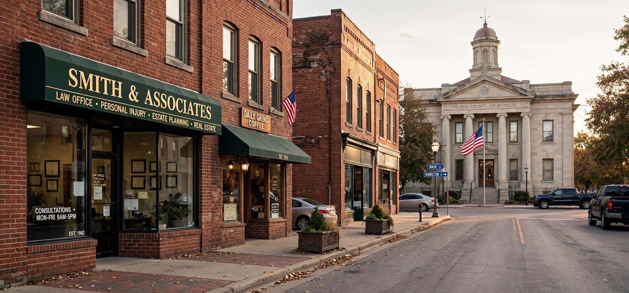 Courthouse street in Peoria, Illinois with a law office storefront