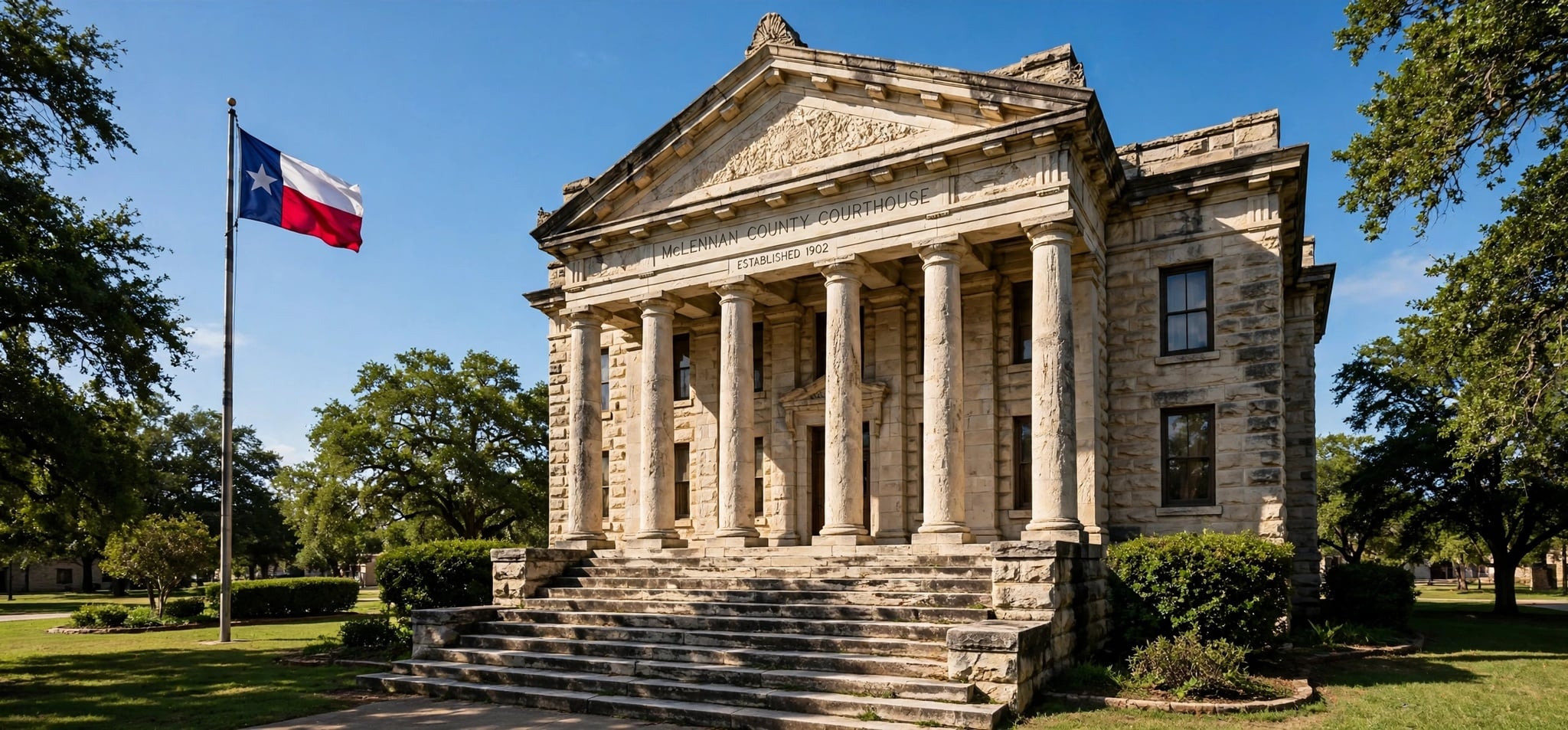 Texas courthouse with limestone columns under a blue sky
