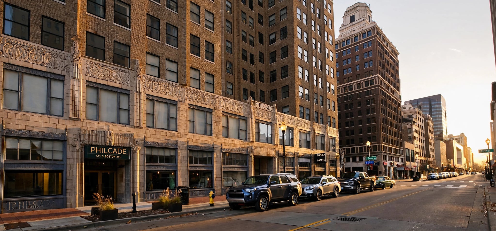 Downtown Tulsa art deco buildings at golden hour