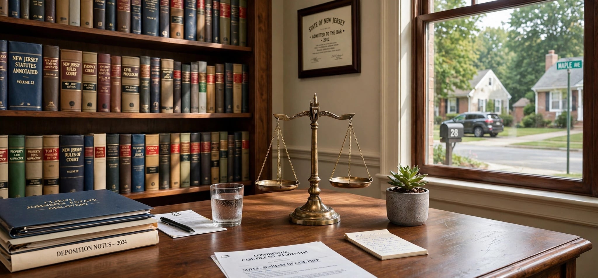 New Jersey law office desk with brass scales of justice and law books