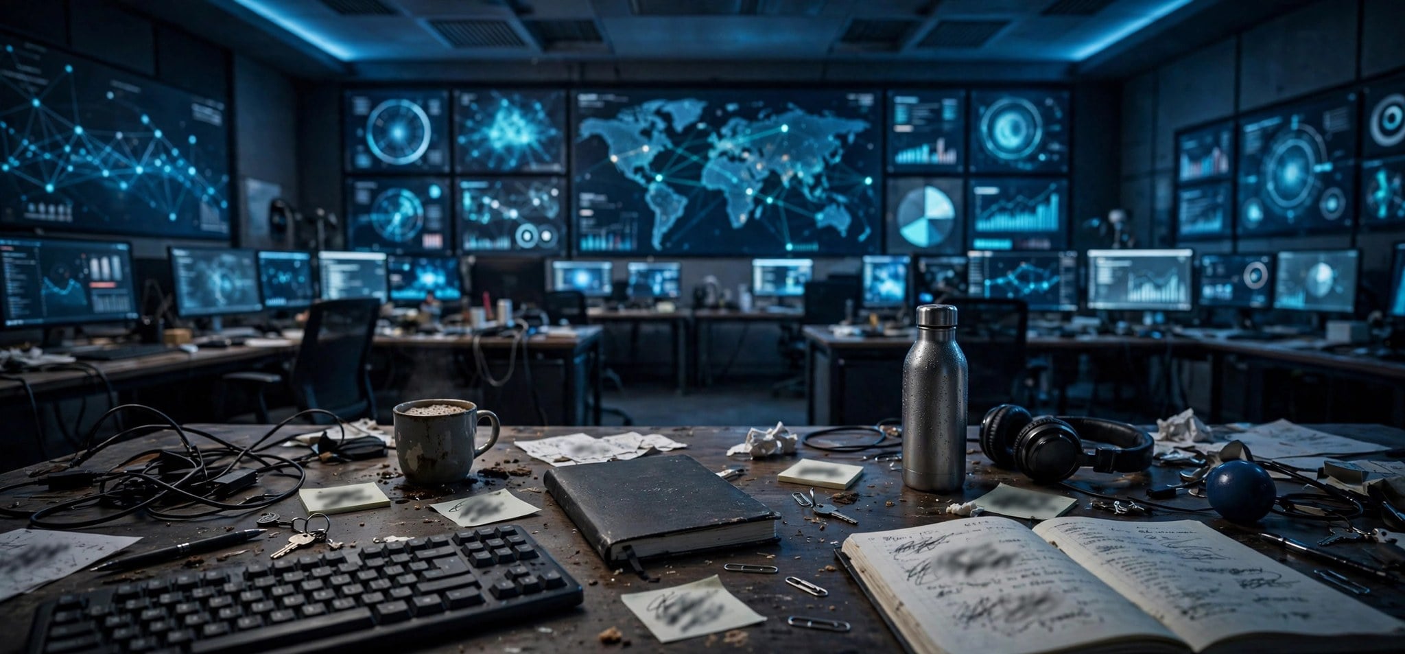 Cybersecurity operations centre with network security dashboards
