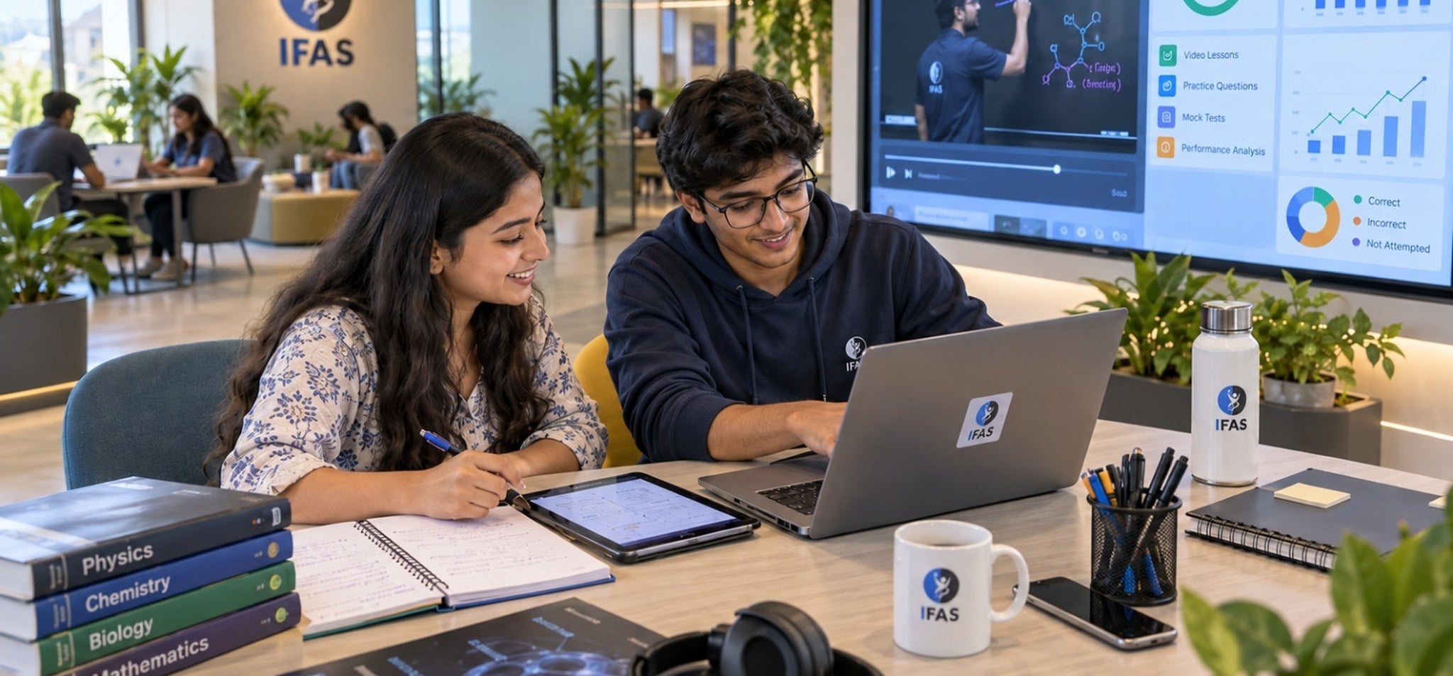 Students learning online with IFAS digital platform and study books
