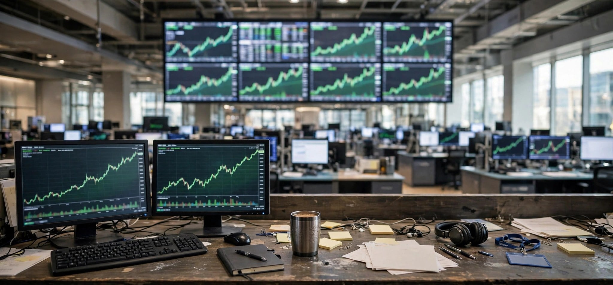 Stock exchange trading floor with market charts on large screens