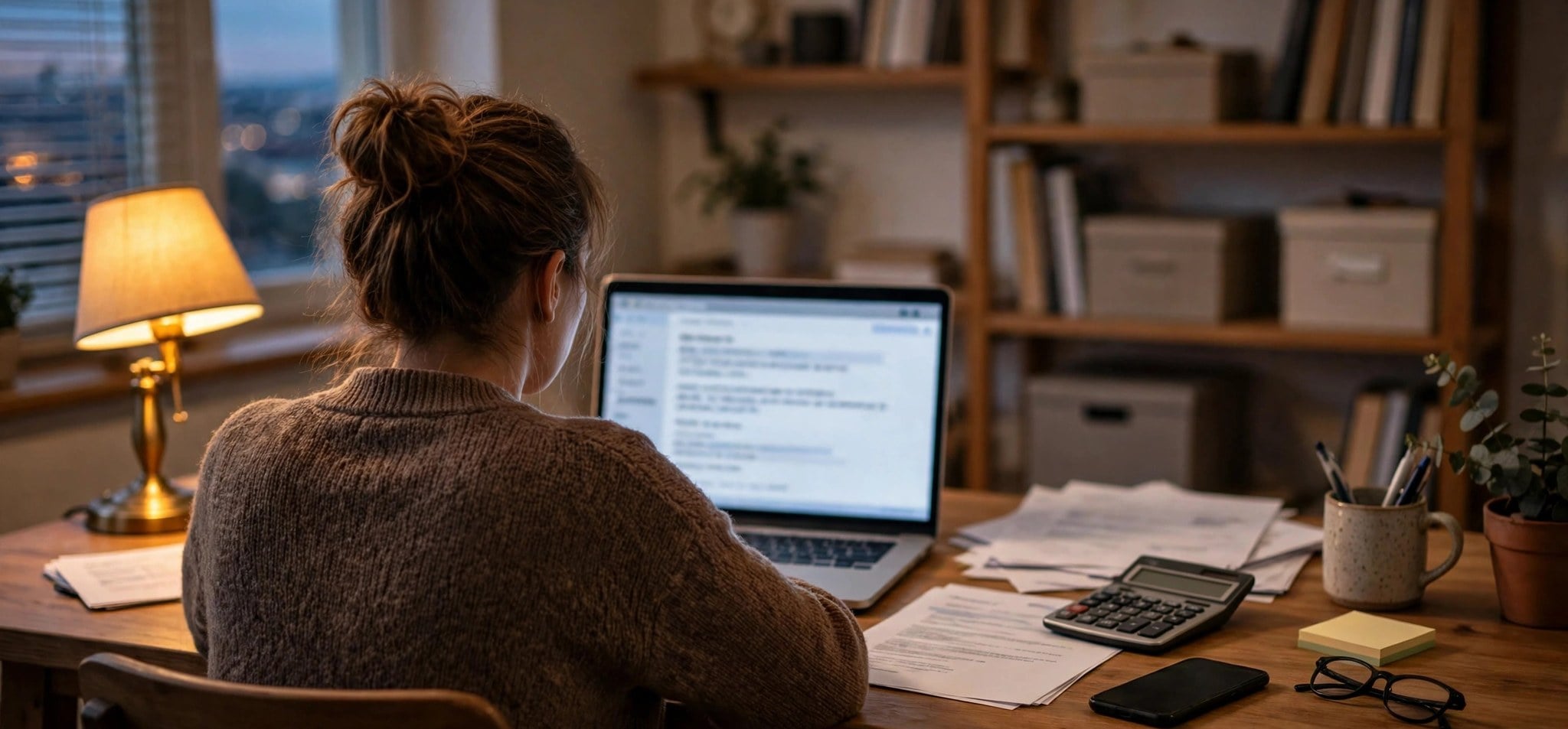 Small business owner at a desk reviewing loan documents beside a laptop