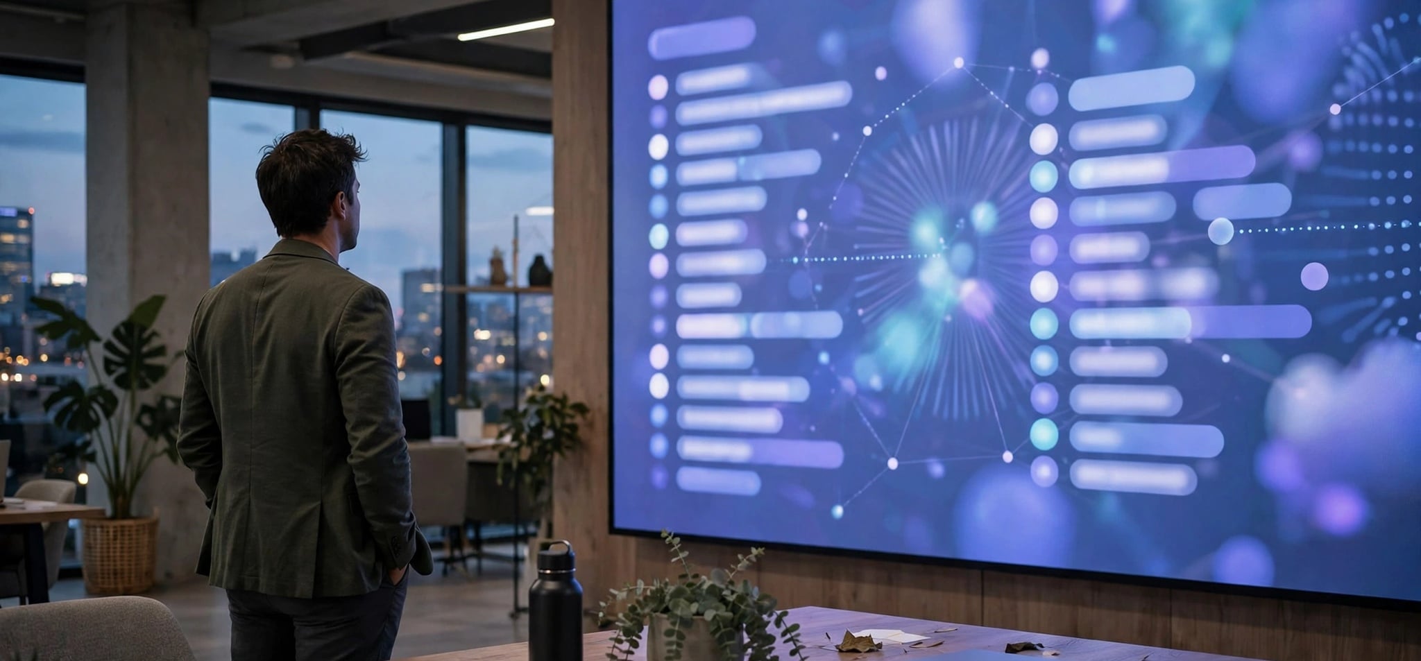 Tech founder facing AI-generated recommendation lists on a large screen